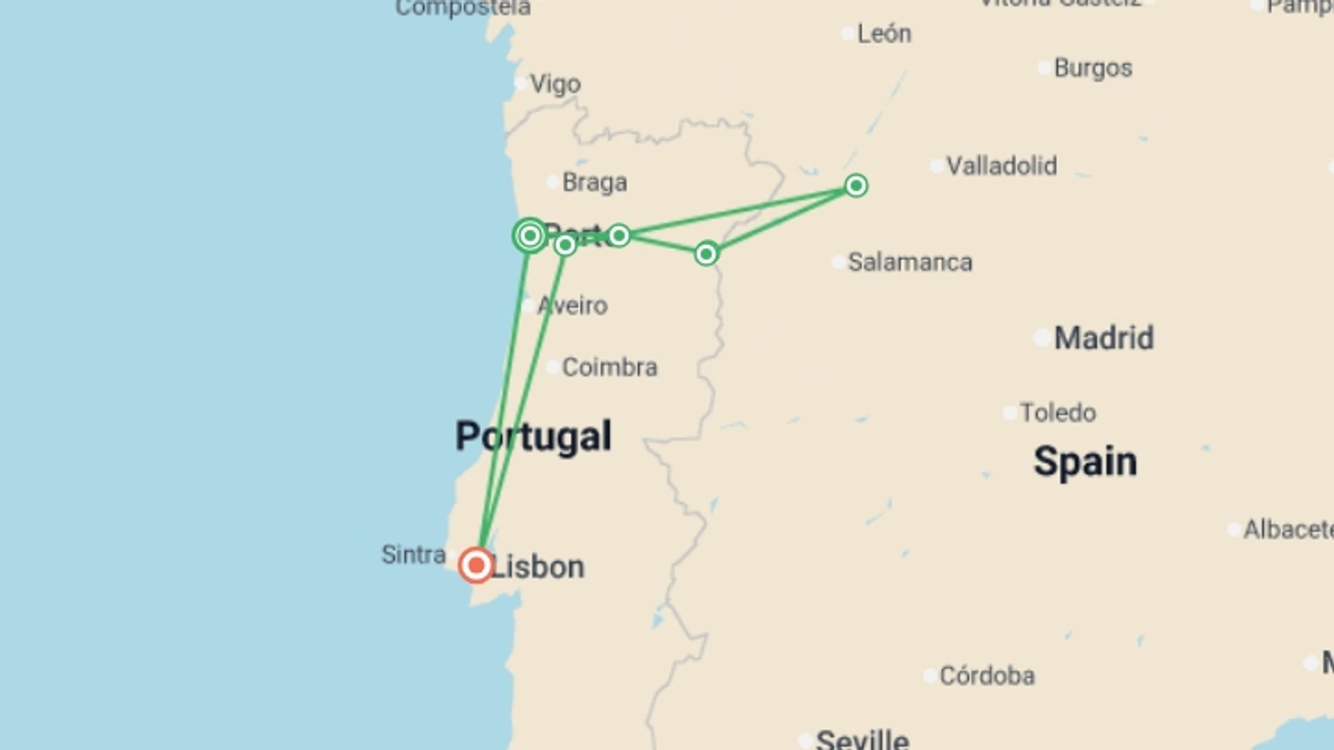 A map showing the tour itinerary for the trip: Portugal, Spain & the Douro River Valley (2027), starting in Porto, Portugal and ending in Lisbon, Portugal going through 6 other destinations.