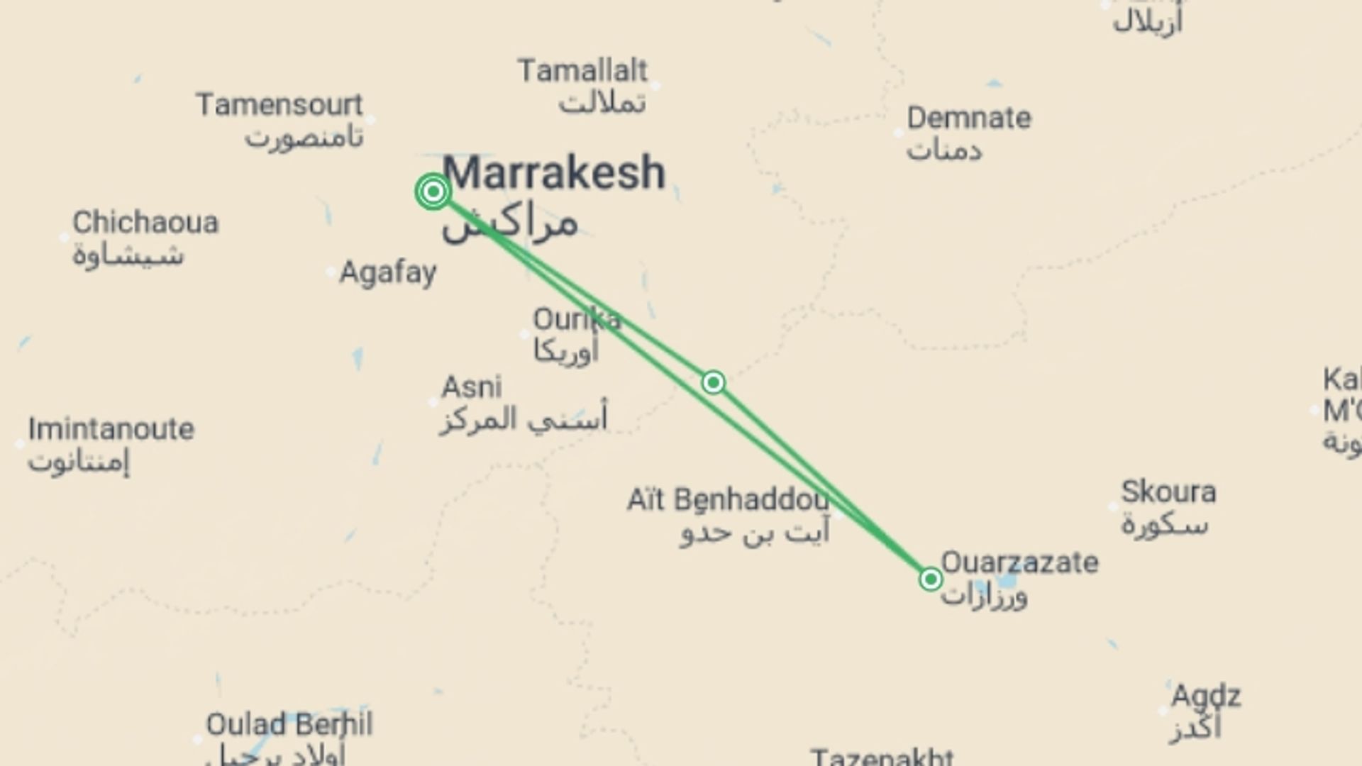 A map showing the tour itinerary for the trip: Ouarzazate Overnight, 4 Days, Private Tour, starting in Marrakech, Morocco and ending in Marrakech, Morocco going through 2 other destinations.