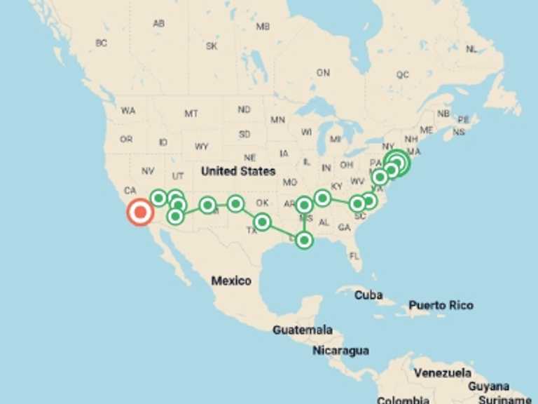 Map of New York Cultural, religious and historic sites Tour with 16 destination visits for the trip: Get Social: USA East to West