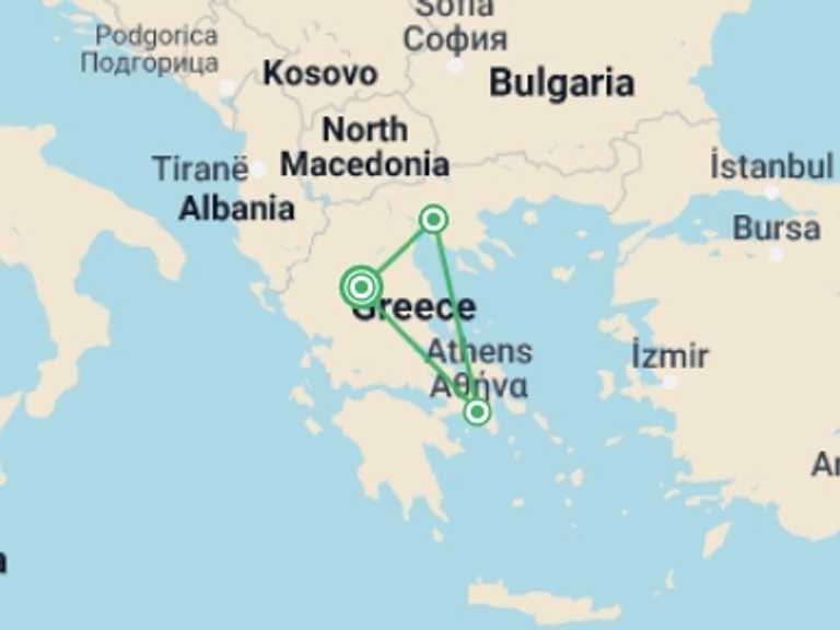 Map of 5-Day Athens Tour with 3 destination visits for the trip: 5 Days Northern Greece With Meteora, Delphi, Vergina And Thessaloniki
