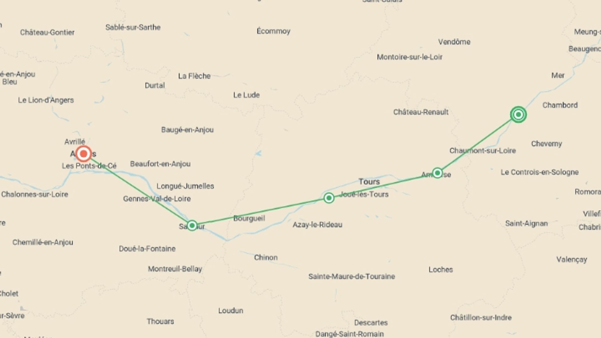 A map showing the tour itinerary for the trip: Cycle the Loire Valley, starting in Blois, France and ending in Angers, France going through 4 other destinations.
