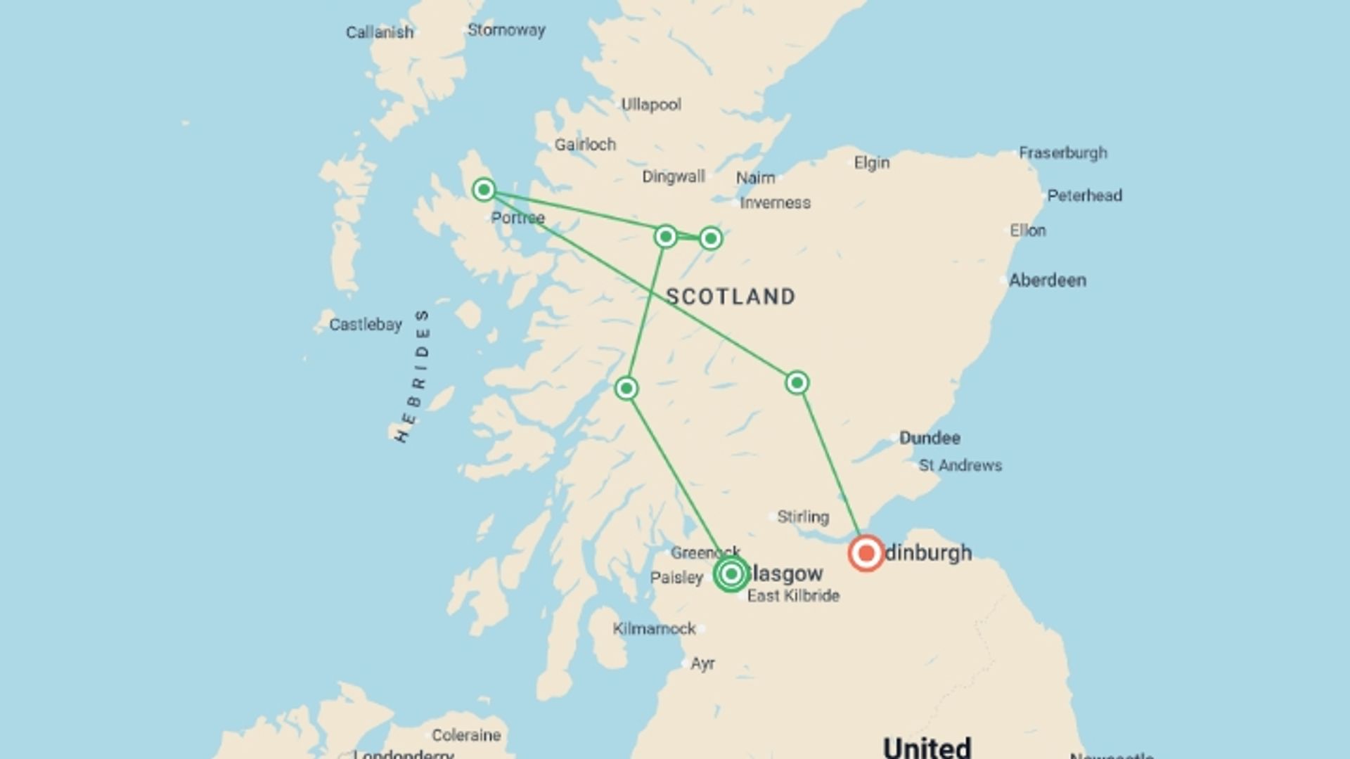 A map showing the tour itinerary for the trip: Majestic Scotland, starting in Glasgow, Scotland and ending in Edinburgh, Scotland going through 2 other destinations.