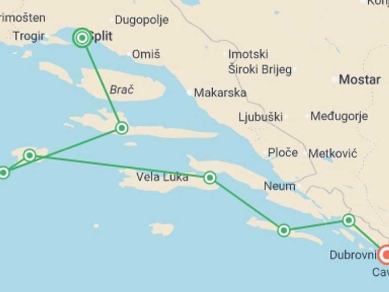 Map itinerary of Balkans Tour in August 2026 with 7 destination visits for the trip: Jewels of the Adriatic from Split - 8 Days