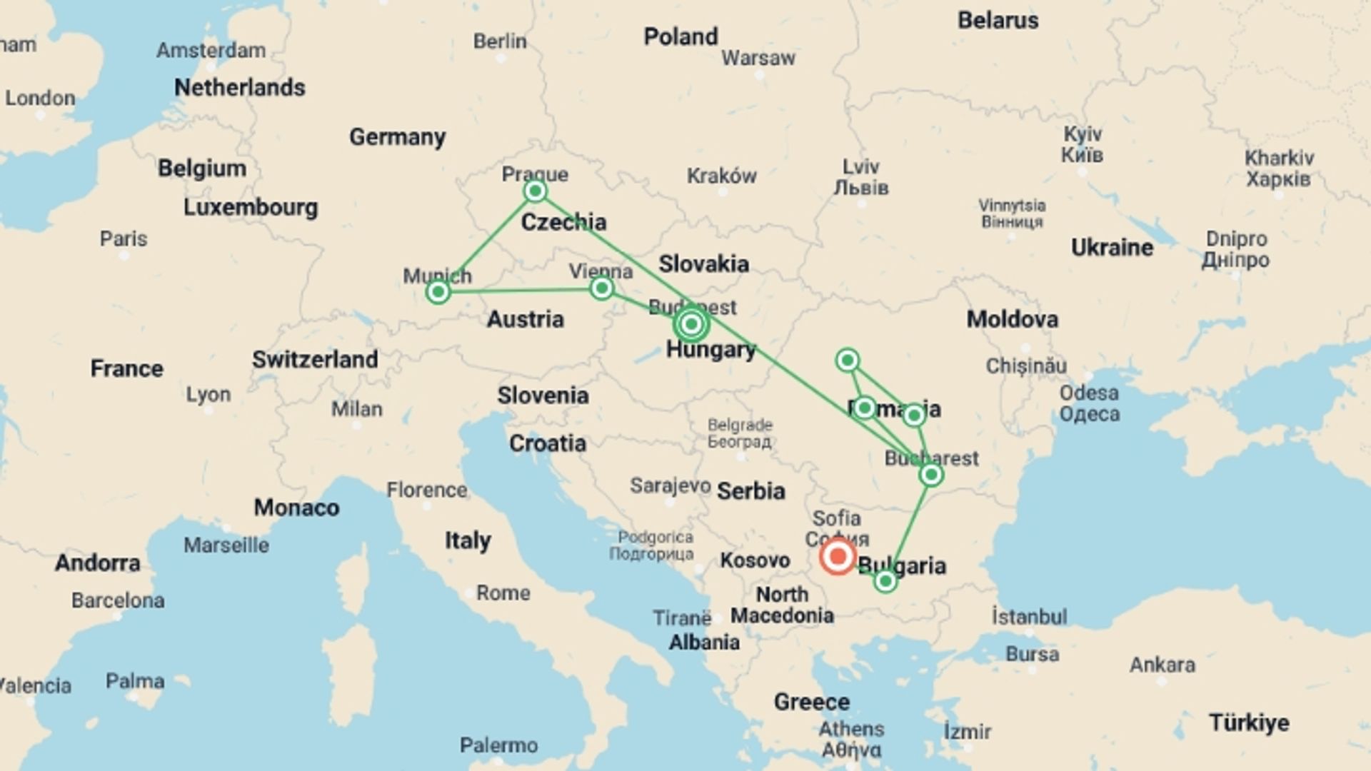 A map showing the tour itinerary for the trip: Incredible Central & Eastern Europe (4 Star Hotels), starting in Budapest, Hungary and ending in Sofia, Bulgaria going through 8 other destinations.