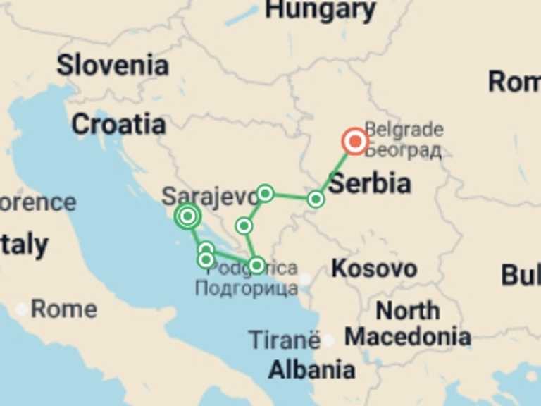 Map of 15-Day Europe Tour with 8 destination visits for the trip: Premium Split to Belgrade
