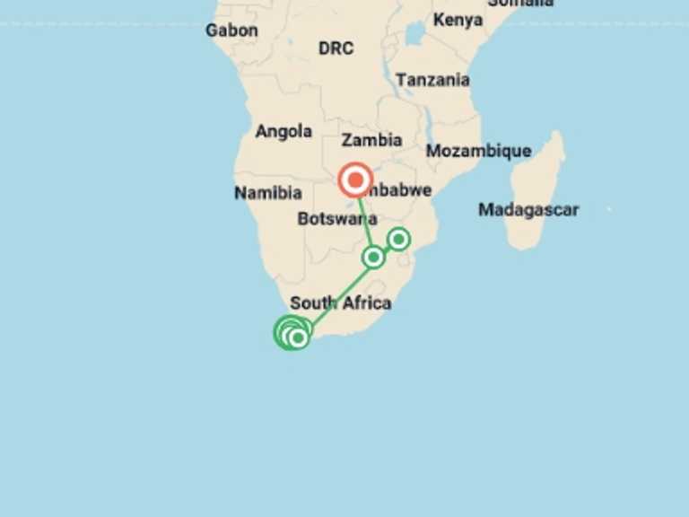 Map of 10-Day Africa Tour with 6 destination visits for the trip: Essence of South Africa