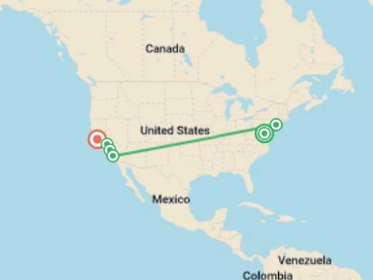 Map of North America Tour with 6 destination visits for the trip: Washington, NY, and Western Classics