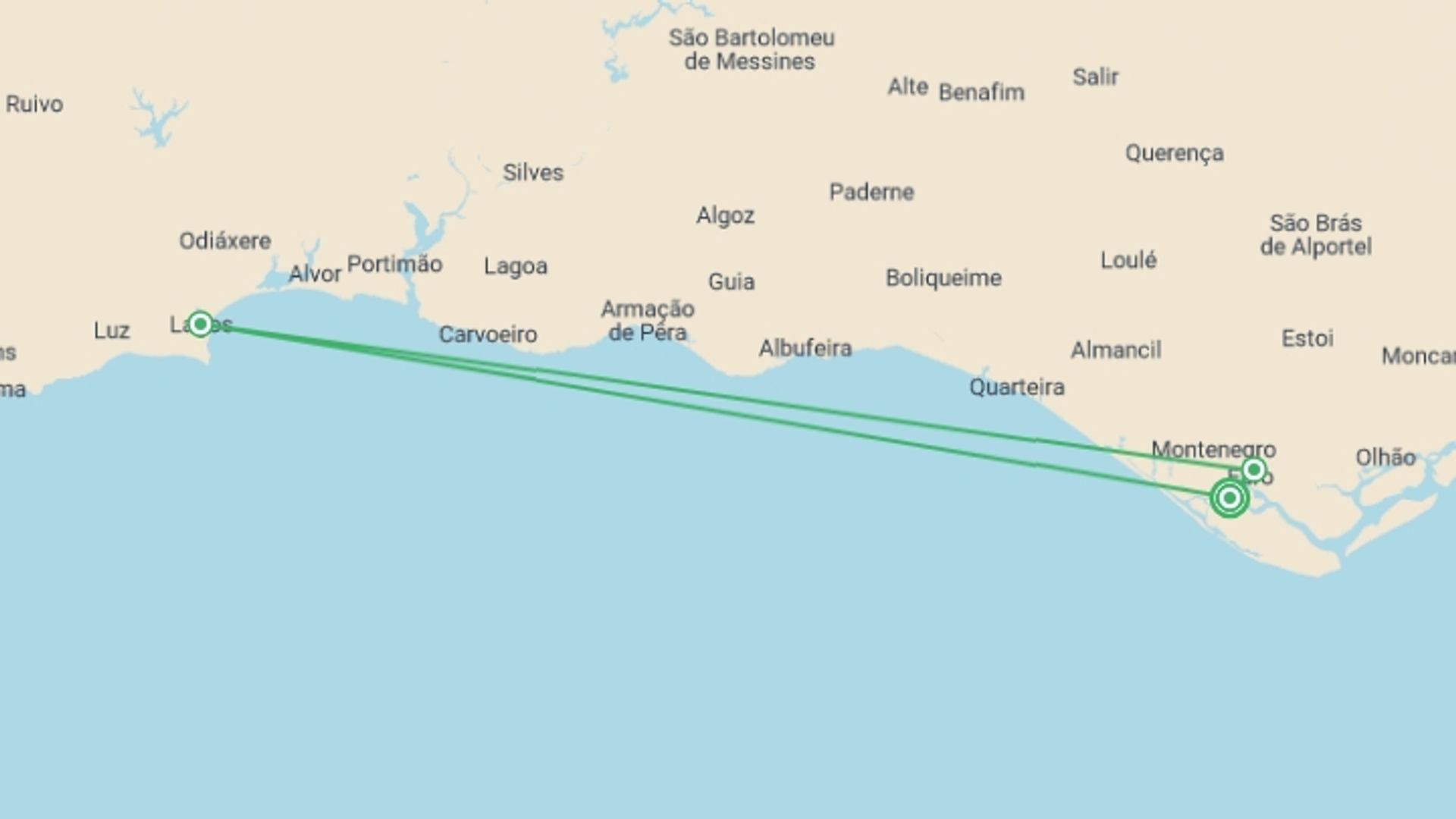 A map showing the tour itinerary for the trip: Portugal Beach Escape, starting in Algarve, Portugal and ending in Algarve, Portugal going through 3 other destinations.