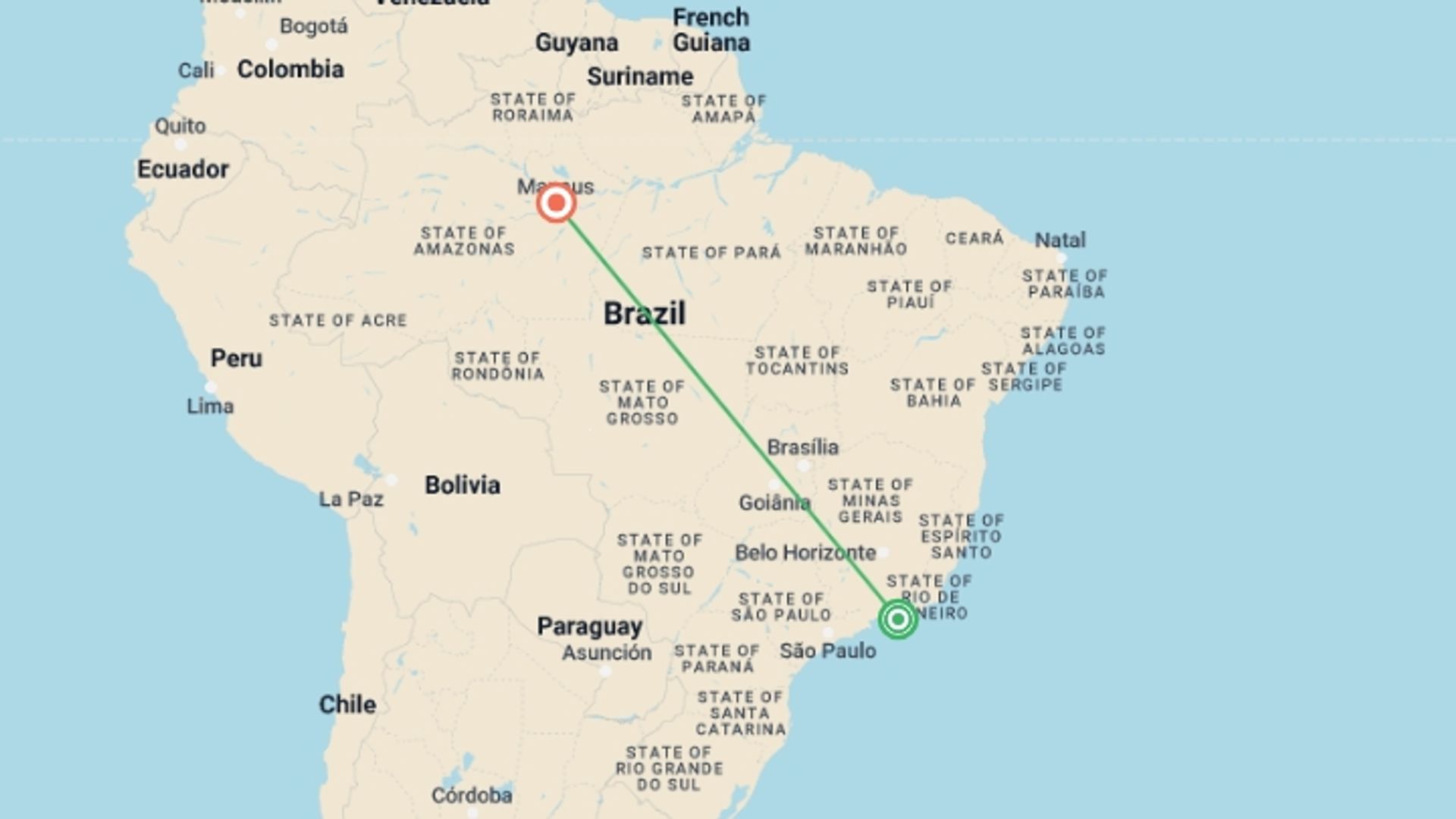 A map showing the tour itinerary for the trip: 9 Days in Rio de Janeiro and Manaus, starting in Rio de Janeiro, Brazil and ending in Manaus, Brazil going through 0 other destinations.