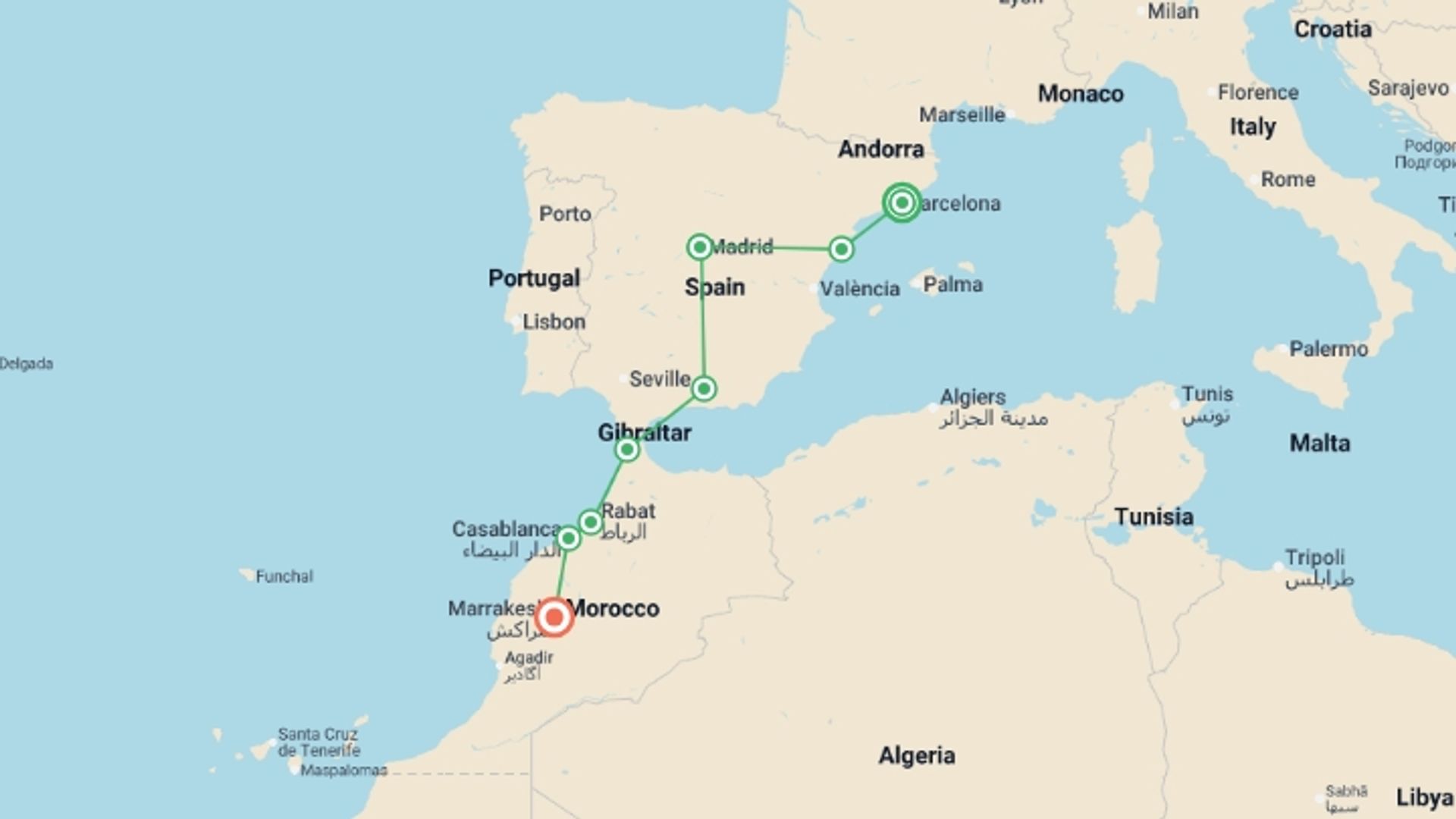 A map showing the tour itinerary for the trip: Solo Lite Simply Spain and Morocco, starting in Barcelona, Spain and ending in Marrakech, Morocco going through 5 other destinations.