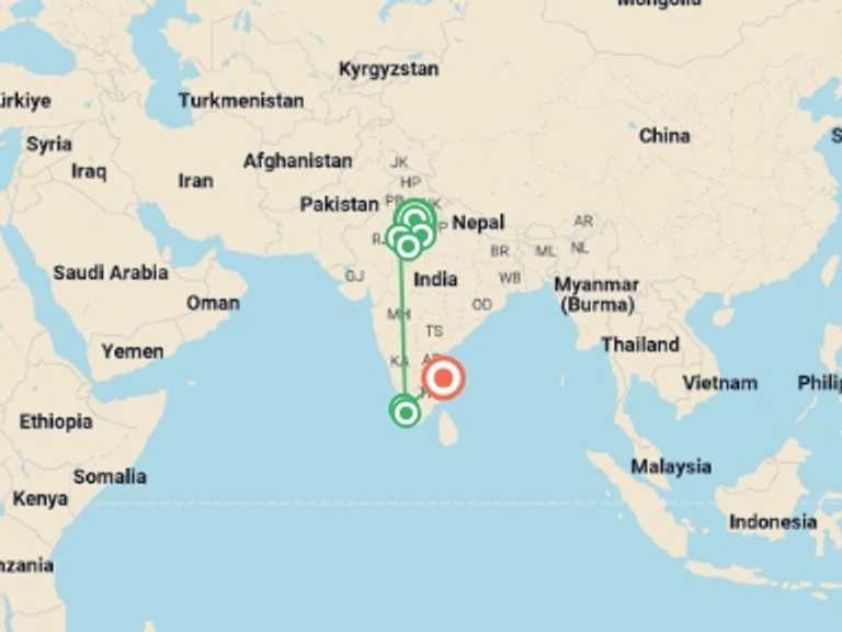 Map of a Adventure Tour with 9 destination visits for the trip: Best of North and South India