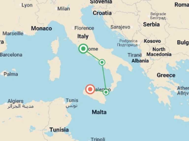 Map of 5-Day Rome Tour with 4 destination visits for the trip: Beautiful Campania and Sicily