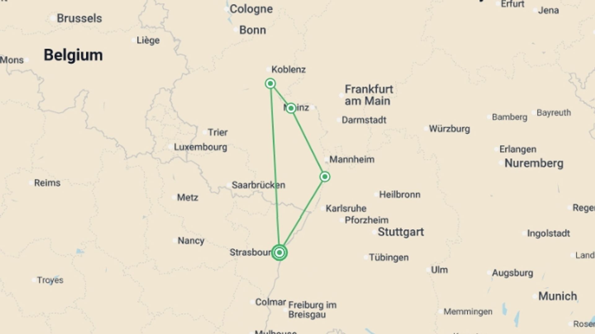 A map showing the tour itinerary for the trip: Christmas on the romantic Rhine, the enchantment of the Lorelei Rock (port-to-port cruise), starting in Strasbourg, France and ending in Strasbourg, France going through 2 other destinations.
