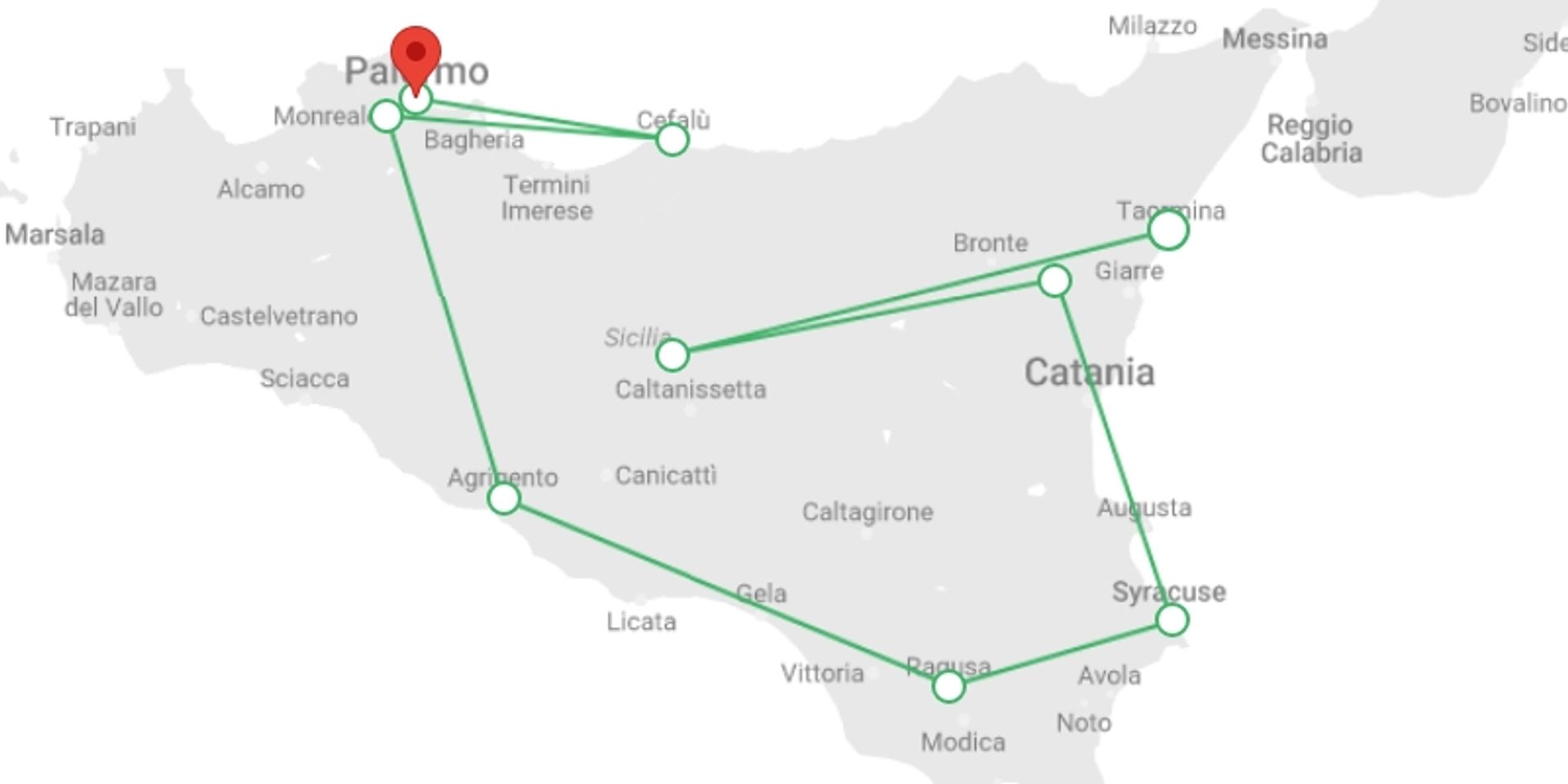 A map showing the tour itinerary for the trip: Sicilian Dream by Train, starting in undefined, Italy and ending in undefined, Italy going through 0 other destinations.