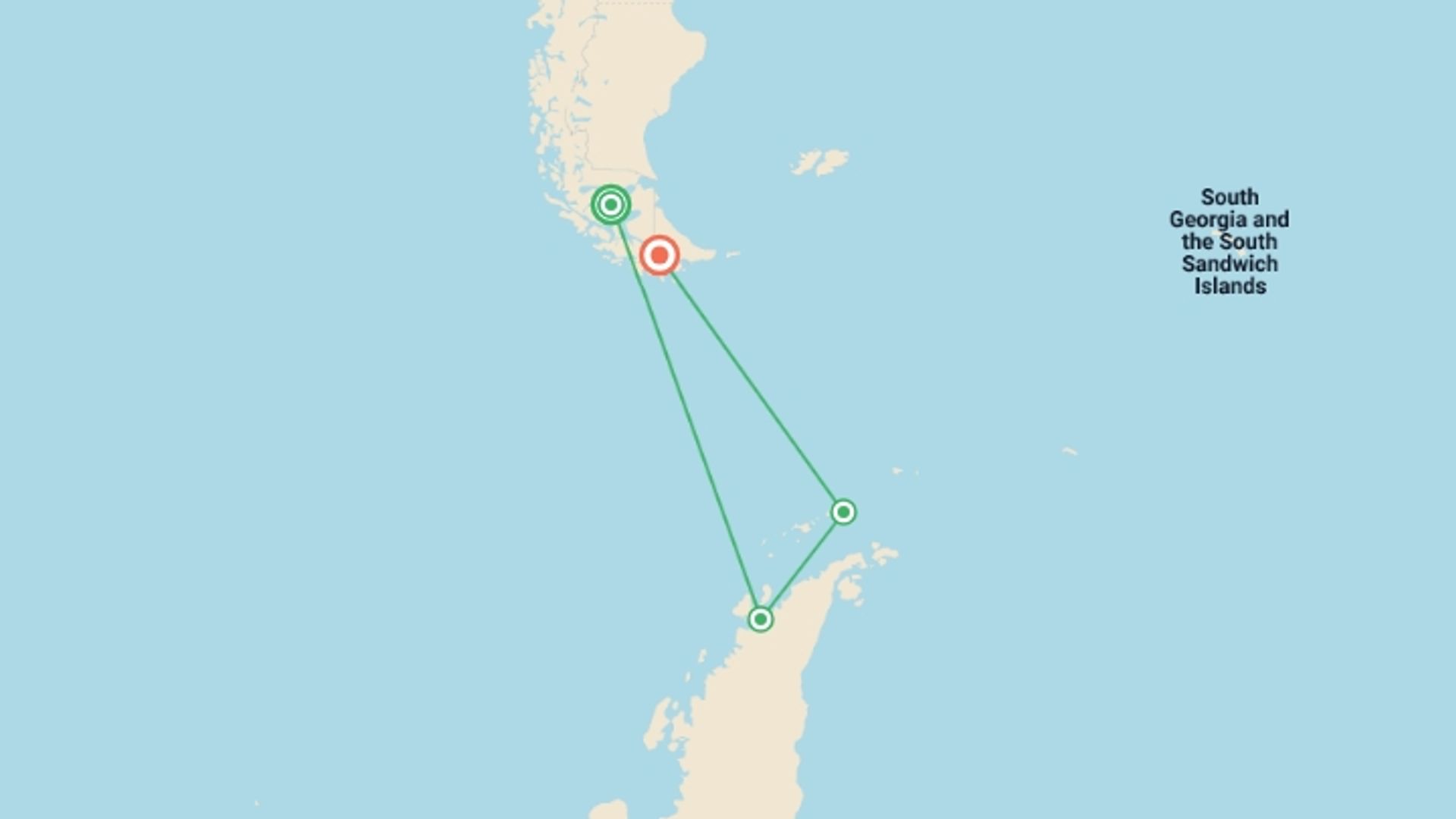 A map showing the tour itinerary for the trip: Antarctic Express: Fly South, Sail North via Buenos Aires, starting in Punta Arenas, Chile and ending in Ushuaia, Argentina going through 1 other destinations.