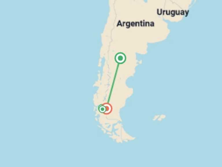 Map itinerary of Patagonia Tour in Fall with 2 destination visits for the trip: 5-Day El Calafate Adventure Tour