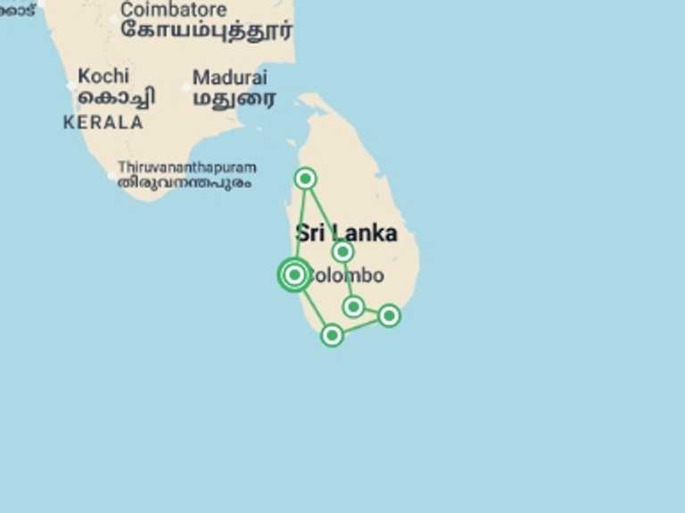 Map itinerary of Sri Lanka Tour in November 2026 with 7 destination visits for the trip: Sri Lanka Safari & Wildlife Tour