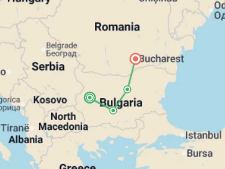 Map itinerary of Balkans Tour in January 2027 with 4 destination visits for the trip: From Sofia to Bucharest