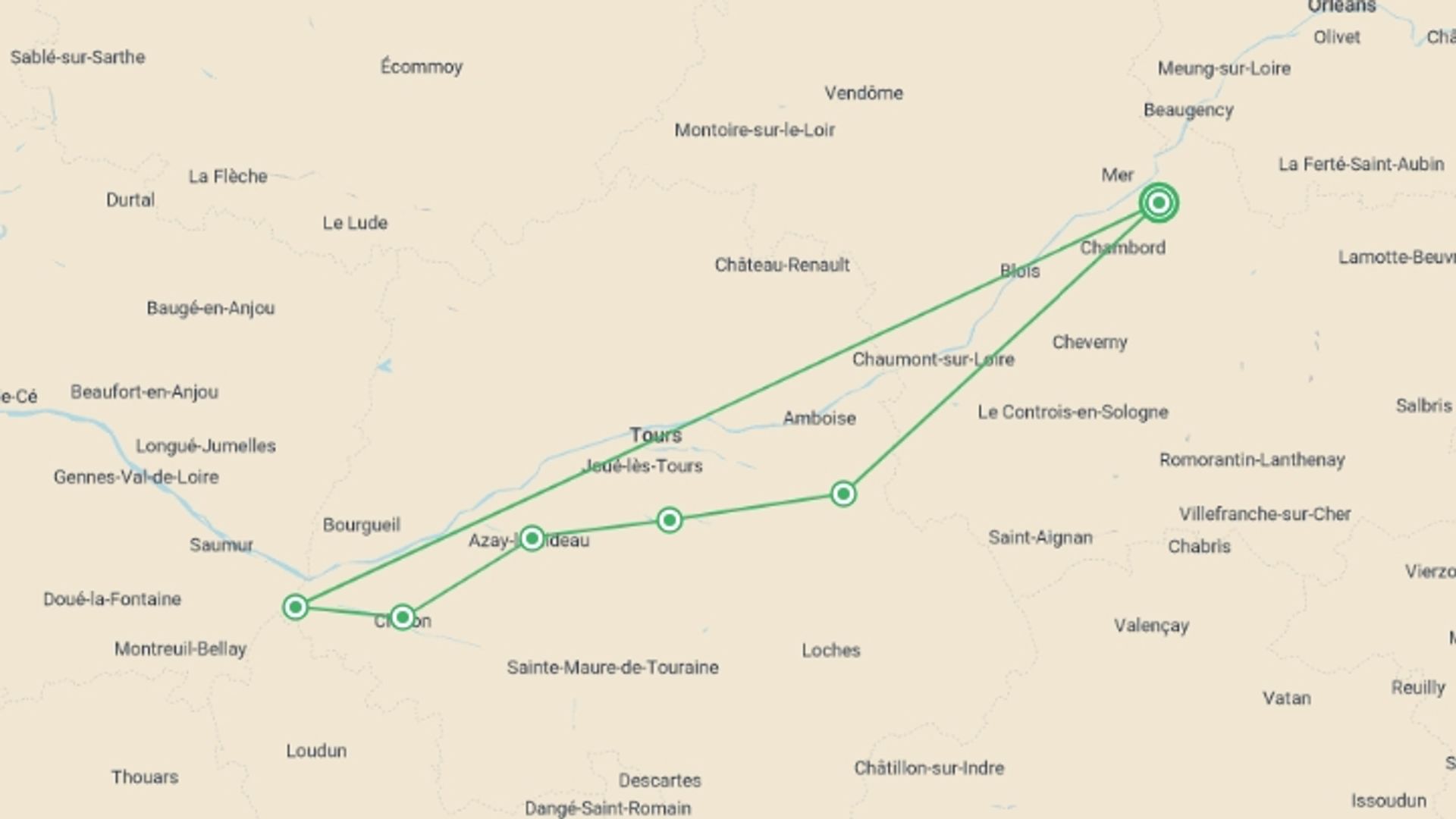 A map showing the tour itinerary for the trip: Loire Vineyard Trails, starting in Val de Loire, France and ending in Val de Loire, France going through 5 other destinations.