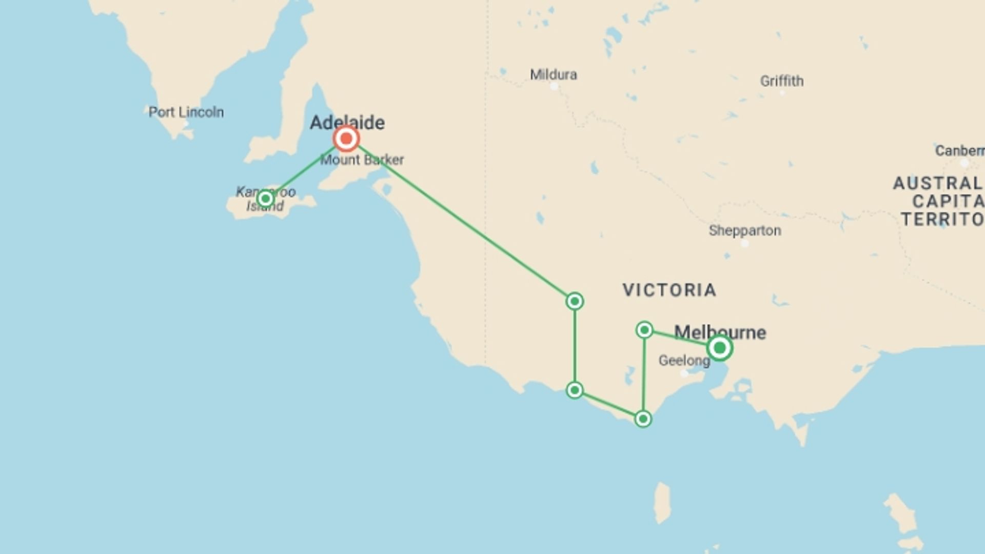 A map showing the tour itinerary for the trip: Melbourne to Kangaroo Island Adventure, starting in Melbourne, Australia and ending in Adelaide, Australia going through 5 other destinations.