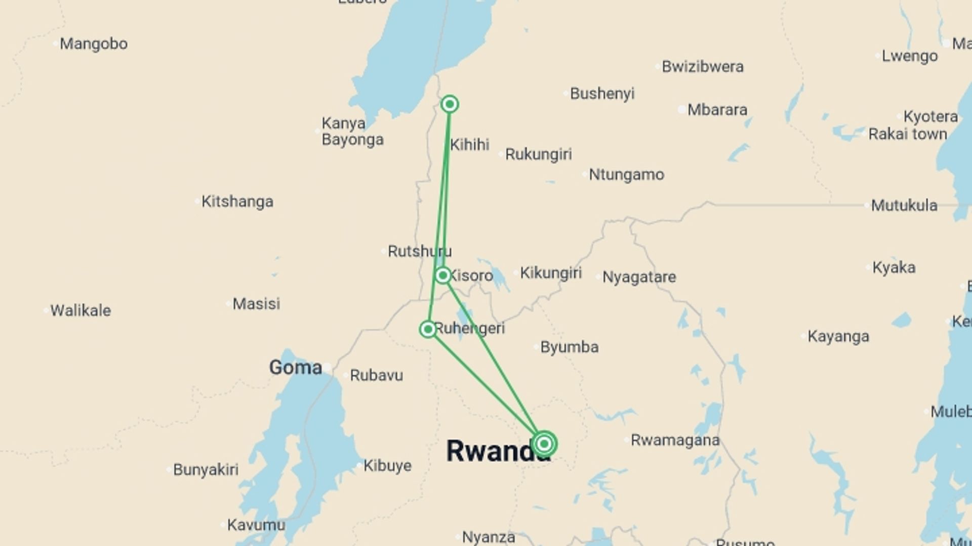 A map showing the tour itinerary for the trip: Remarkable Rwanda & Gorillas of Uganda, starting in Kigali, Rwanda and ending in Kigali, Rwanda going through 3 other destinations.
