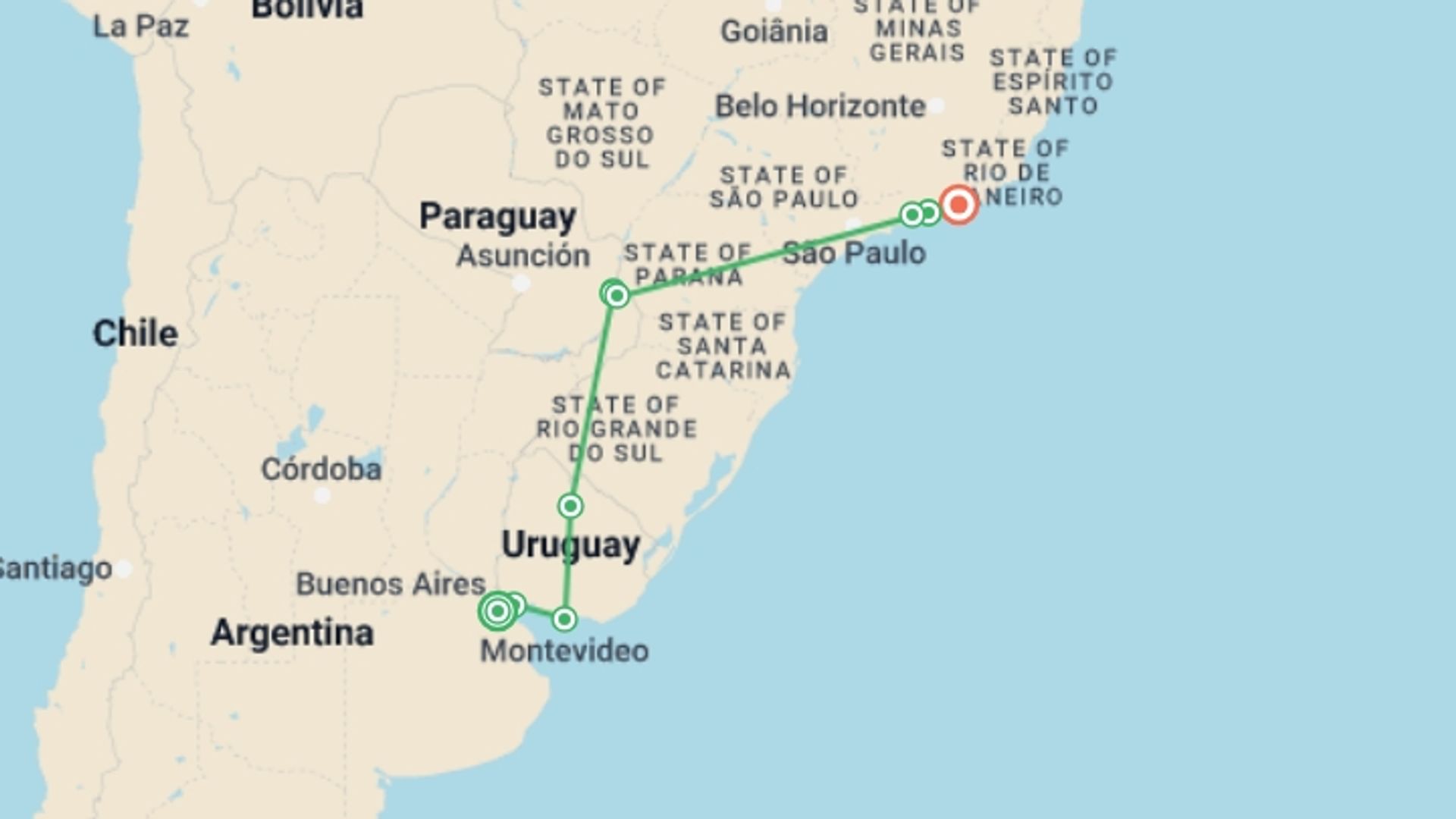 A map showing the tour itinerary for the trip: Buenos Aires to Rio Explorer, starting in Buenos Aires, Argentina and ending in Rio de Janeiro, Brazil going through 7 other destinations.