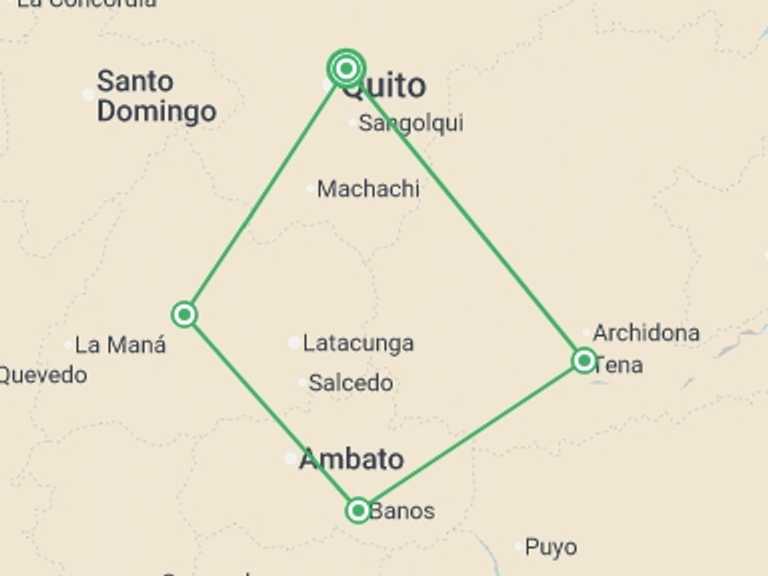 Map itinerary of Quito Tour in December 2026 with 4 destination visits for the trip: Ecuador: The Amazon, Cloud Forests & Crater Lakes