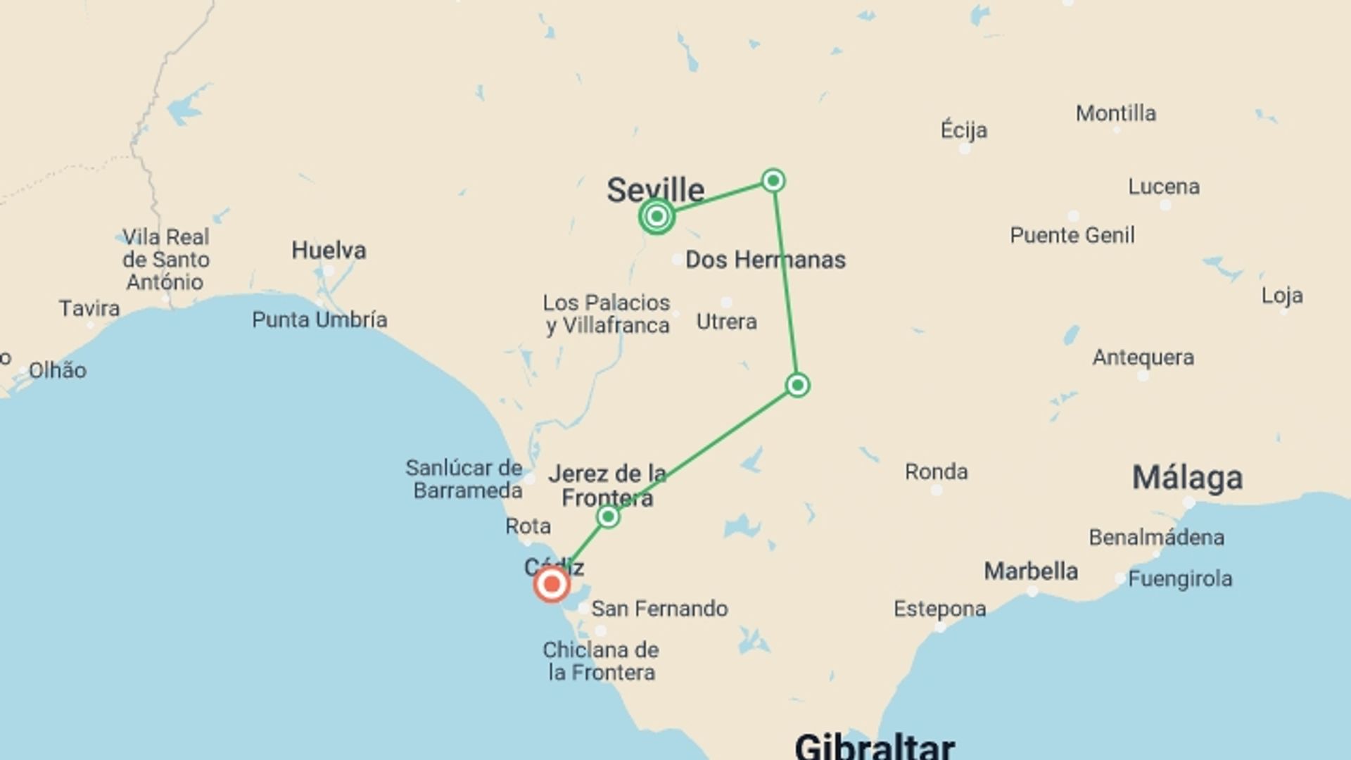 A map showing the tour itinerary for the trip: Self-Guided Cycling in Andalucia: Seville to Cadiz, starting in Seville, Spain and ending in Cadiz, Spain going through 3 other destinations.