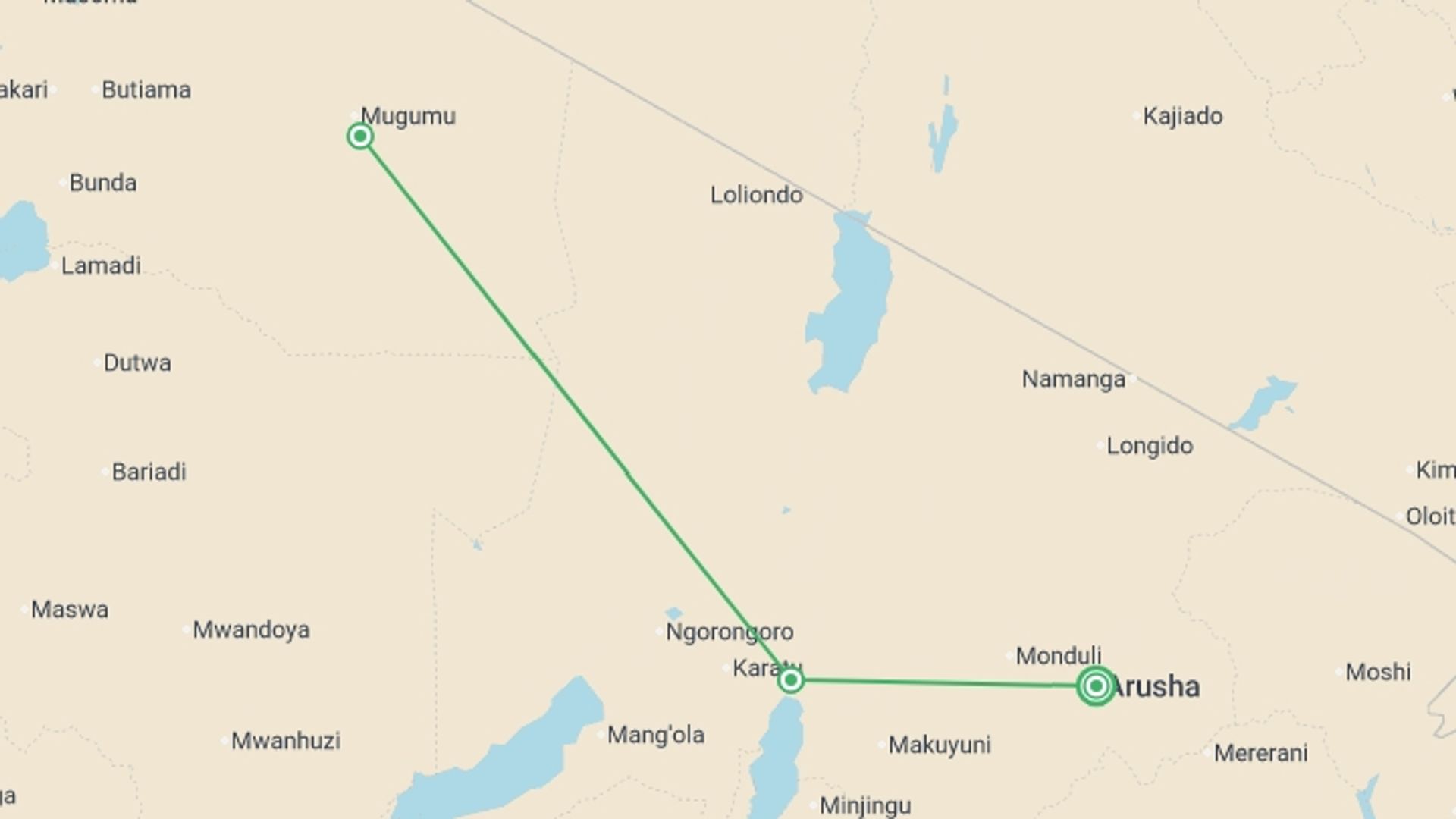 A map showing the tour itinerary for the trip: Tanzania Adventure, starting in Arusha, Tanzania and ending in Arusha, Tanzania going through 2 other destinations.
