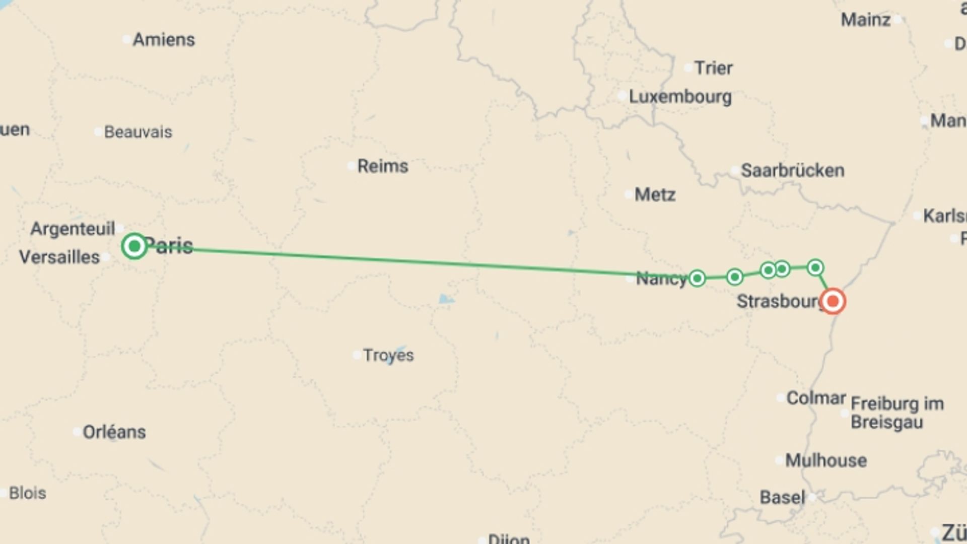 A map showing the tour itinerary for the trip: A Charming Cruise through Lorraine and Alsace and along the Marne-Rhine Canal (port-to-port cruise), starting in Paris, France and ending in Strasbourg, France going through 5 other destinations.