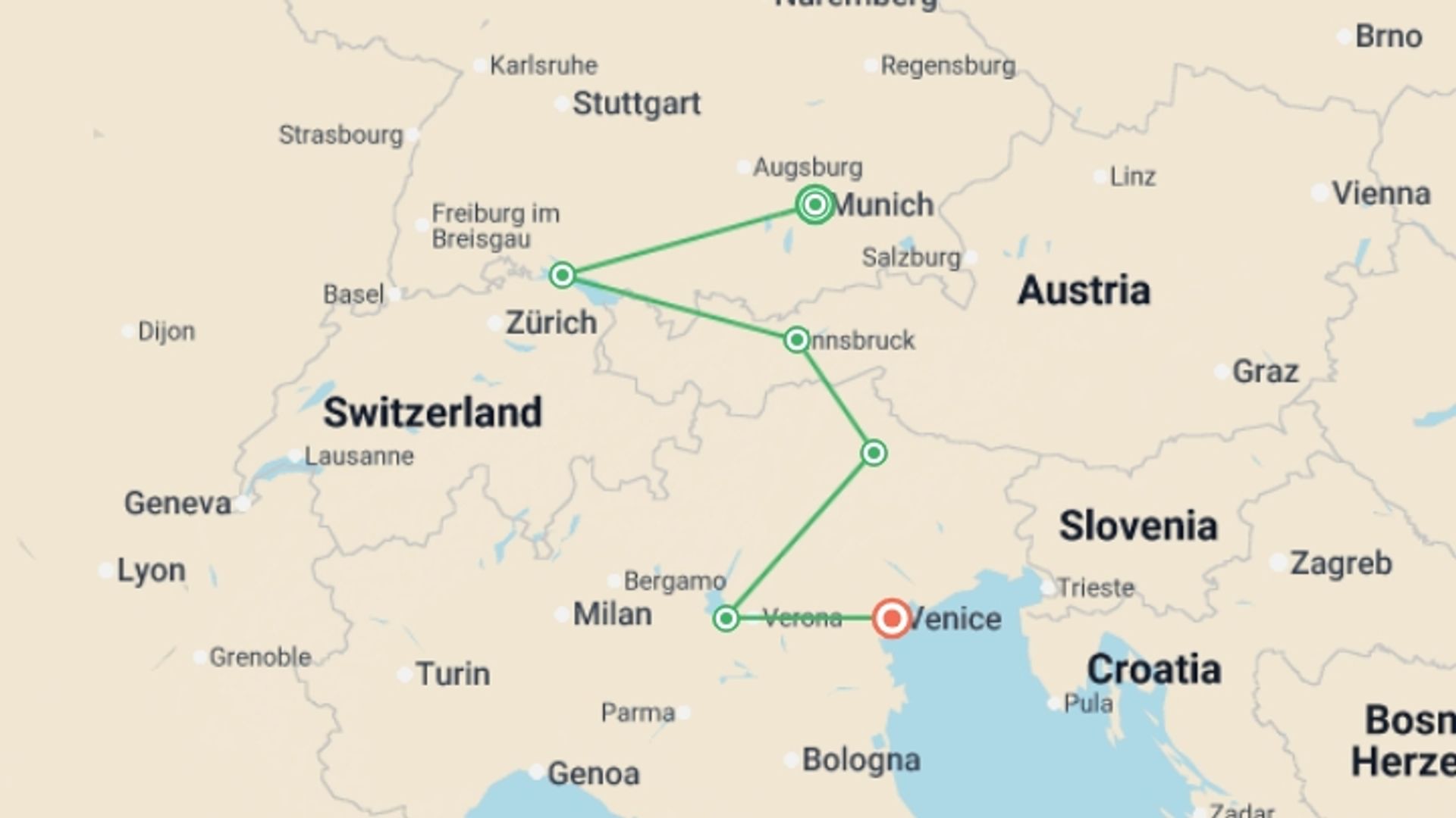 A map showing the tour itinerary for the trip: Alpine Escape: Germany, Austria and Italy, starting in Munich, Germany and ending in Venice, Italy going through 5 other destinations.