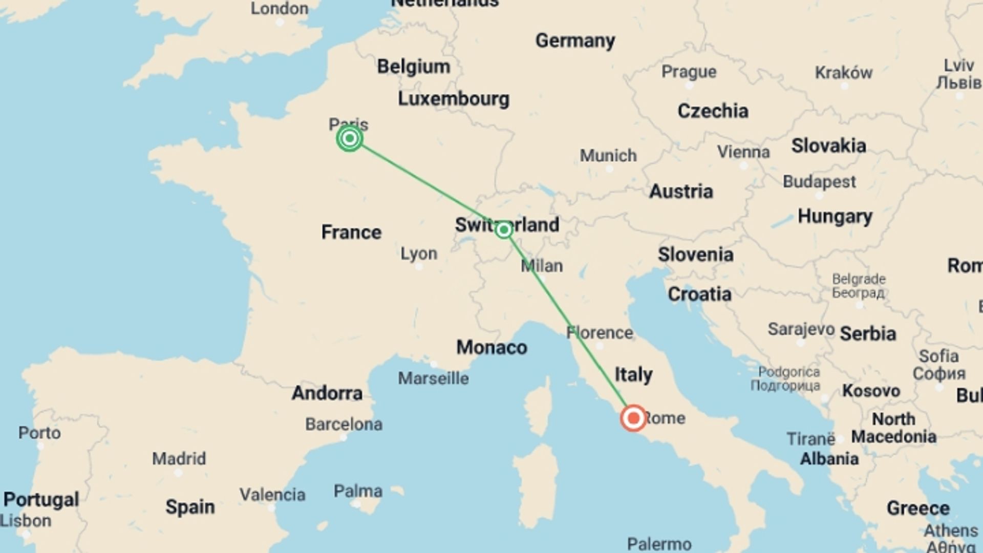 A map showing the tour itinerary for the trip: Paris to Rome: Picnics & Pizza, starting in Paris, France and ending in Rome, Italy going through 1 other destinations.