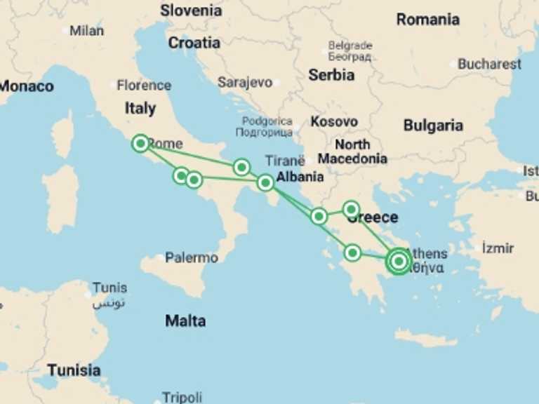 Map of Mediterranean Tour with 9 destination visits for the trip: Greece and Heart of Italy with Meteoras