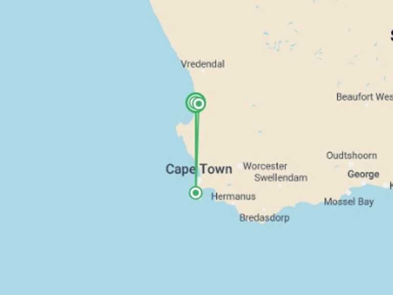 Map itinerary of South Africa Tour in July 2027 with 3 destination visits for the trip: Slackpacking trail: Elands Bay Route