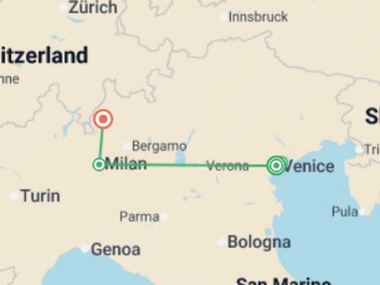 Map of Mediterranean Tour with 4 destination visits for the trip: Venetian Treasures & Milan and Lake Como (port-to-port cruise)