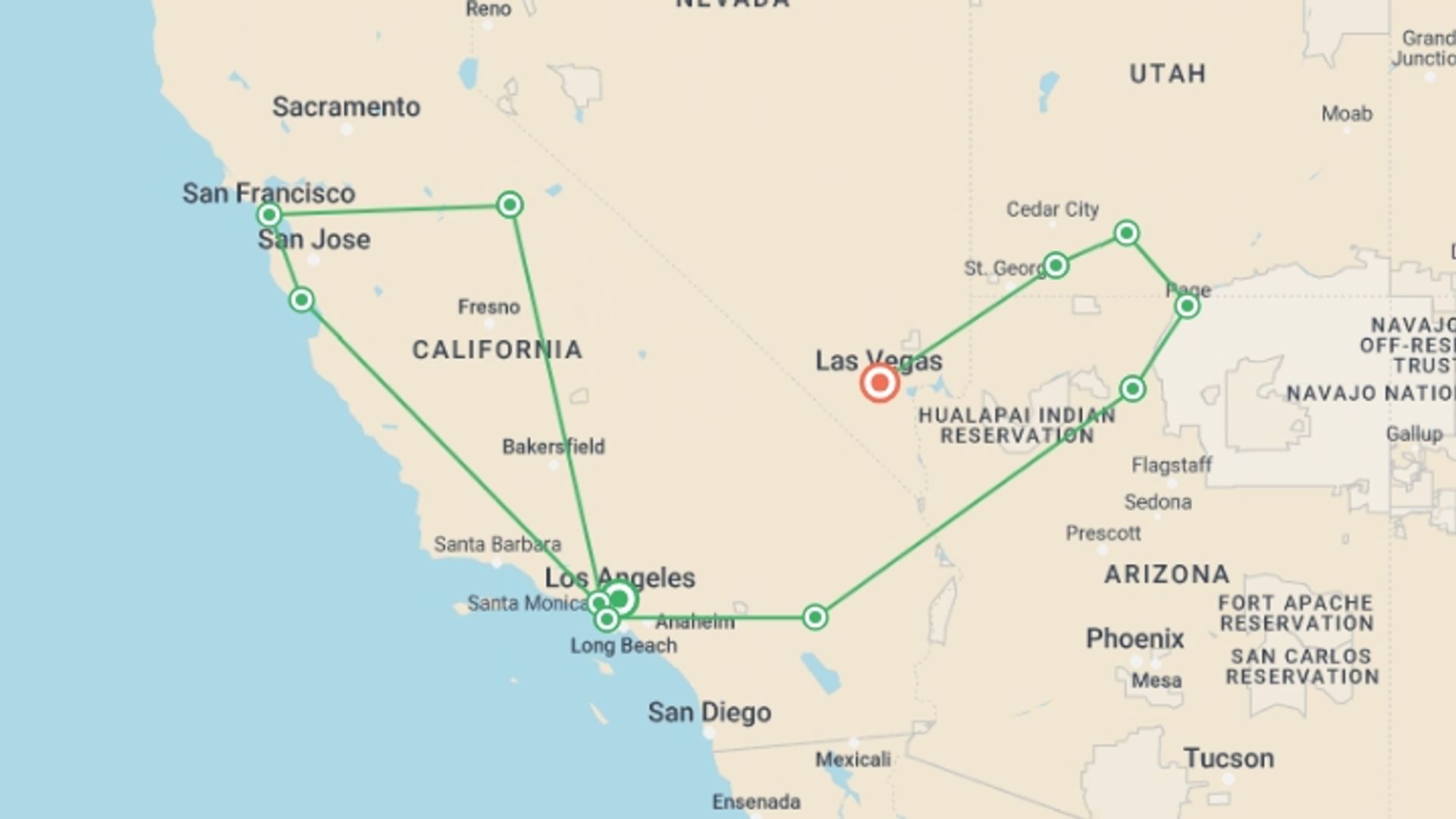 A map showing the tour itinerary for the trip: USA Road Trip — Highway 1, Yosemite & Utah, starting in Los Angeles, USA and ending in Las Vegas, USA going through 10 other destinations.