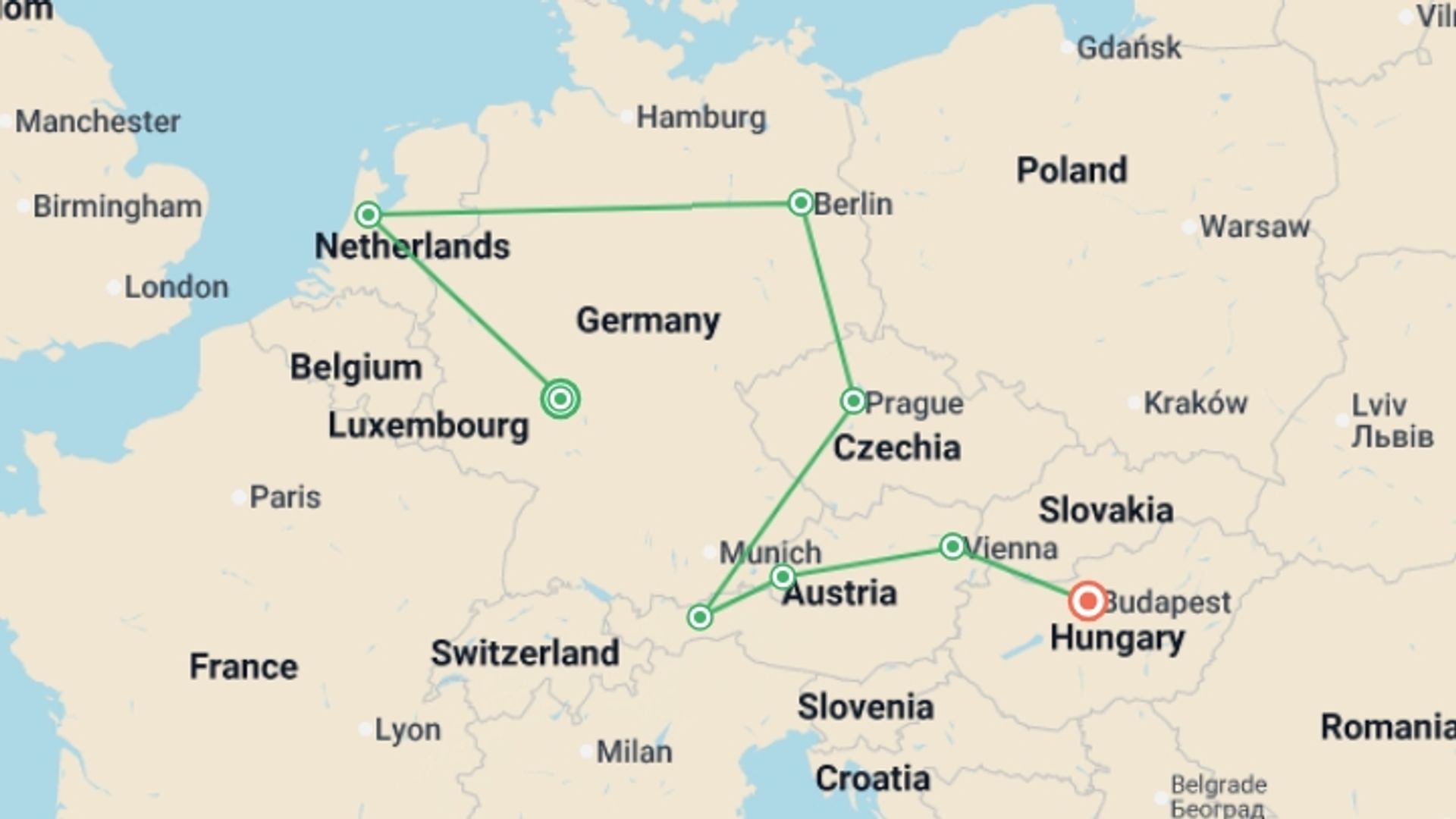 A map showing the tour itinerary for the trip: From Frankfurt to Budapest GO, starting in Frankfurt, Germany and ending in Budapest, Hungary going through 6 other destinations.