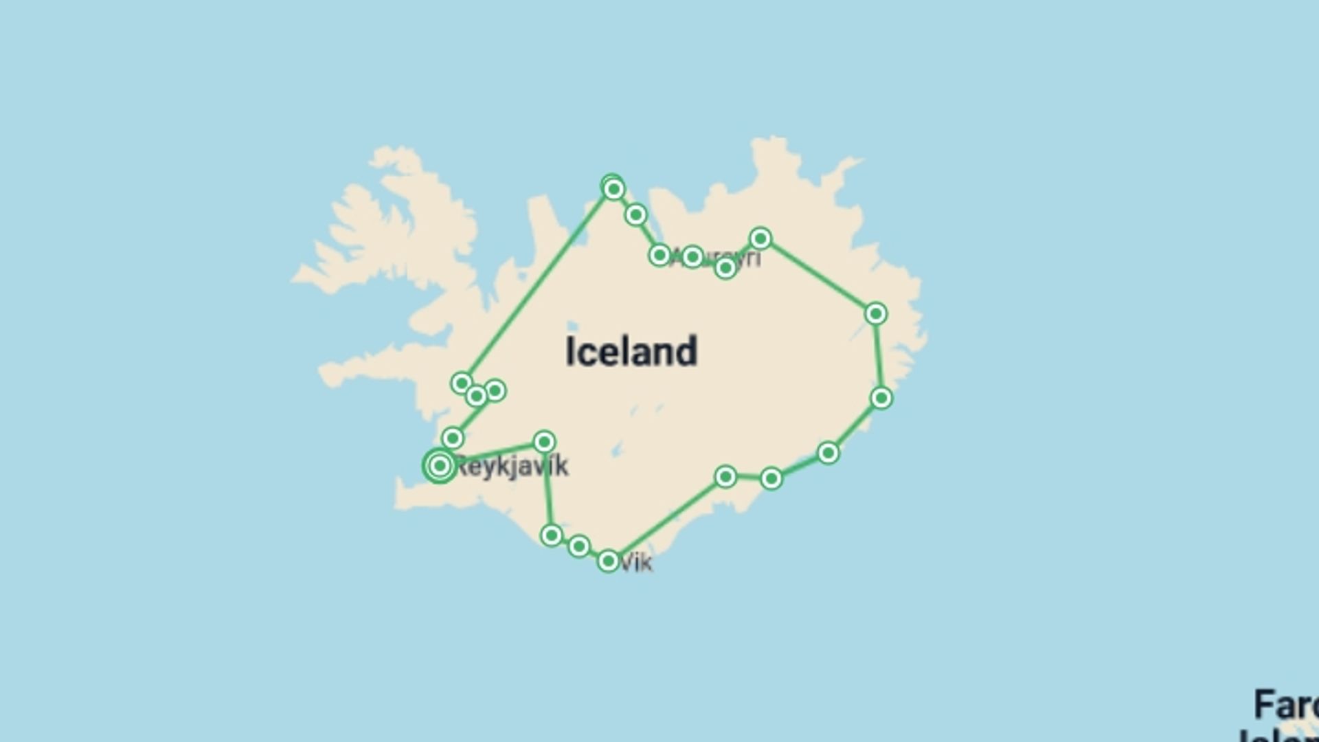 A map showing the tour itinerary for the trip: Iceland Adventurer 6D/5N, starting in Reykjavik, Iceland and ending in Reykjavik, Iceland going through 6 other destinations.