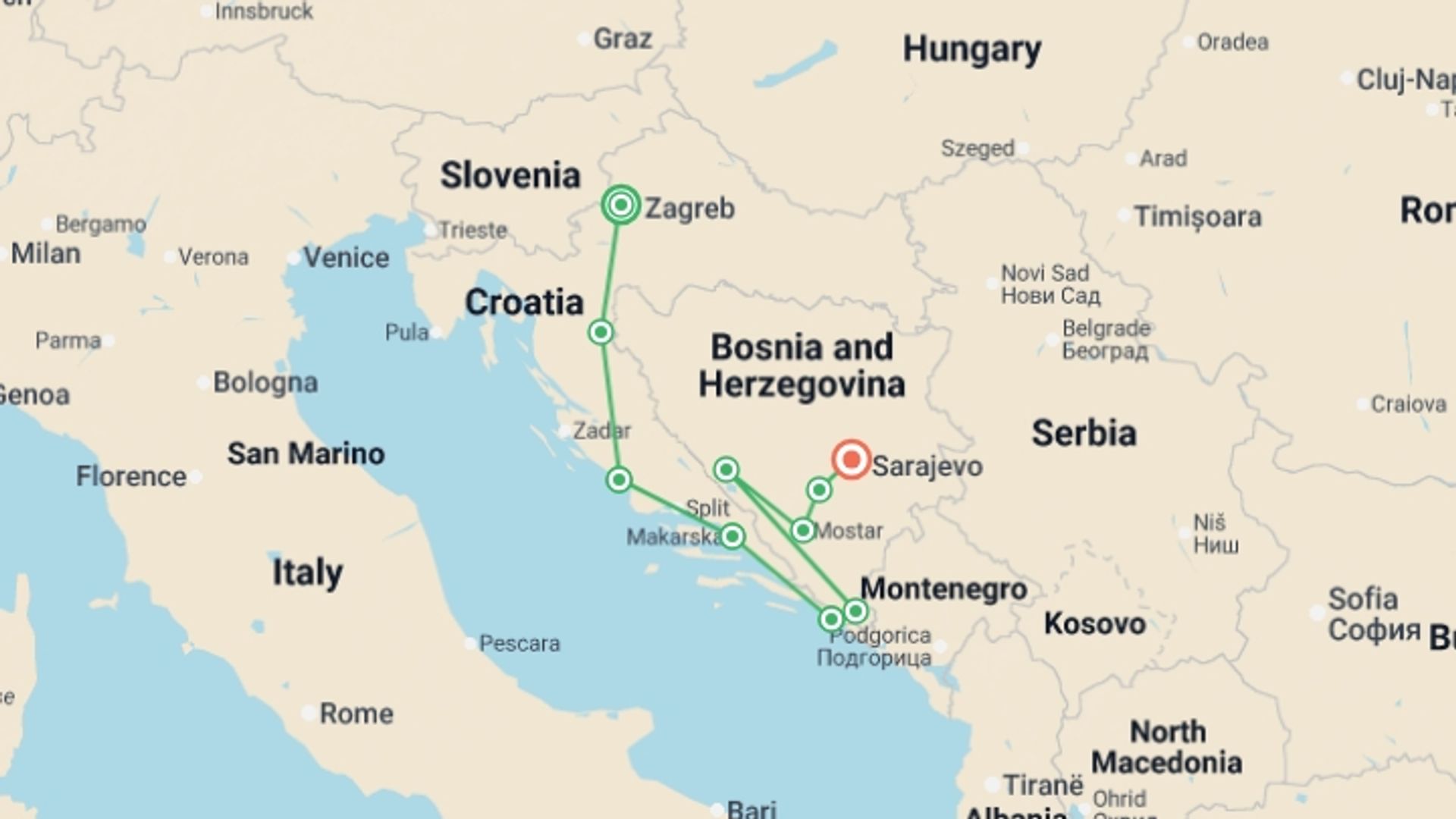 A map showing the tour itinerary for the trip: Classic Balkans:  Zagreb to Sarajevo, starting in Zagreb, Croatia and ending in Sarajevo, Bosnia Herzegovina going through 8 other destinations.