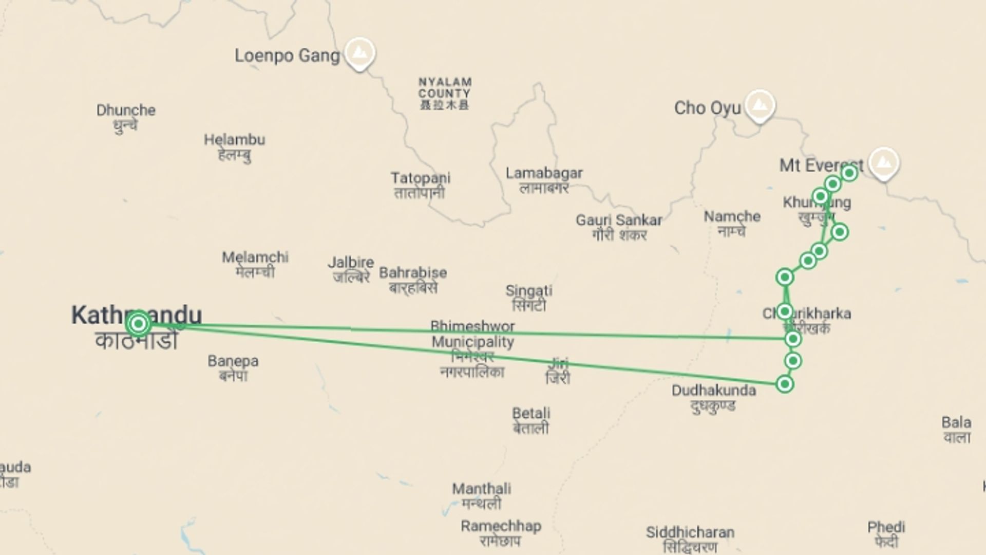 A map showing the tour itinerary for the trip: Classic Everest trek, starting in Kathmandu, Nepal and ending in Kathmandu, Nepal going through 12 other destinations.