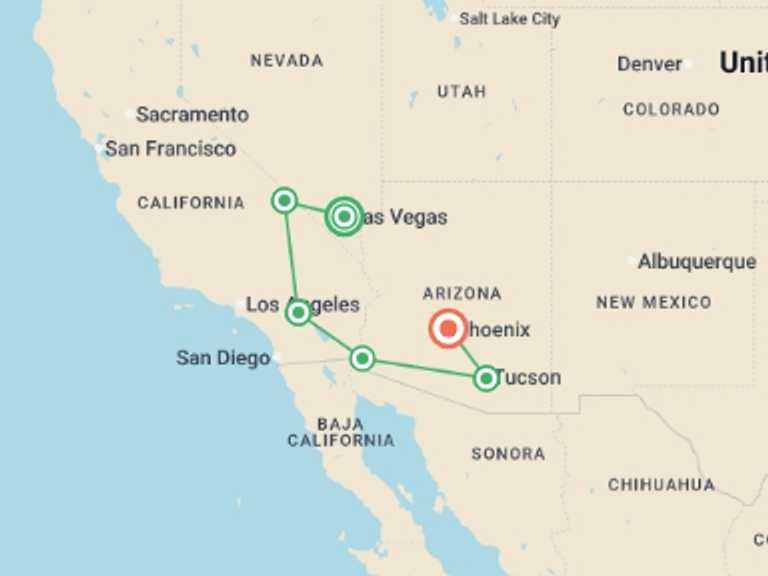 Map of a Sightseeing Tour with 6 destination visits for the trip: America's Great Desert National Parks