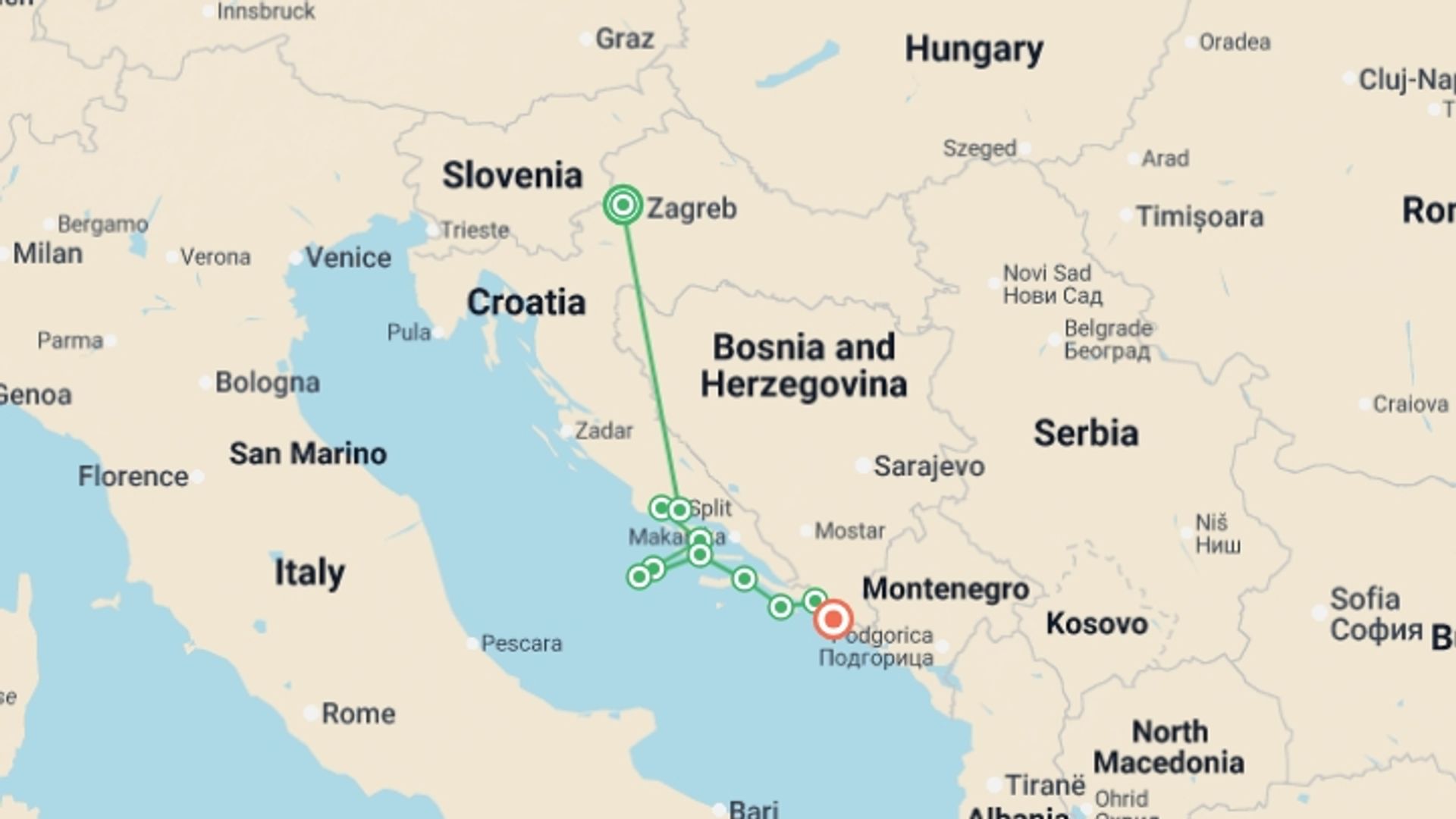 A map showing the tour itinerary for the trip: Wonders of Croatia (Deluxe Superior) - 11 days , starting in Zagreb, Croatia and ending in Dubrovnik, Croatia going through 7 other destinations.