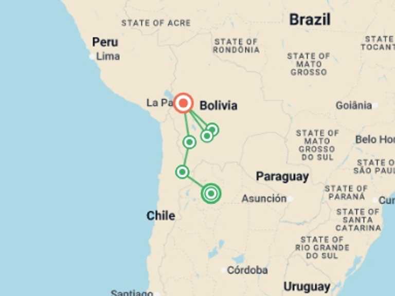 Map of a Active and outdoor Tour with 6 destination visits for the trip: Salta to La Paz Travel Pass
