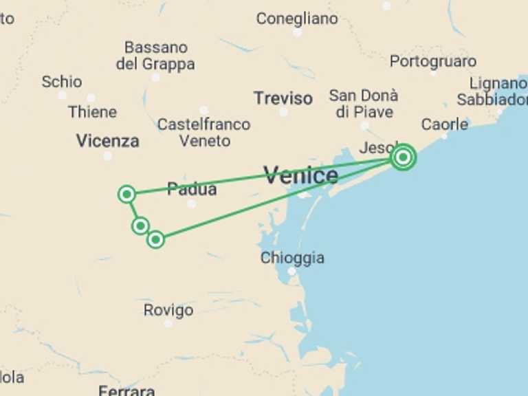 Map of 9-Day Venice Tour with 6 destination visits for the trip: Venetian Villas and Vineyards Cycling