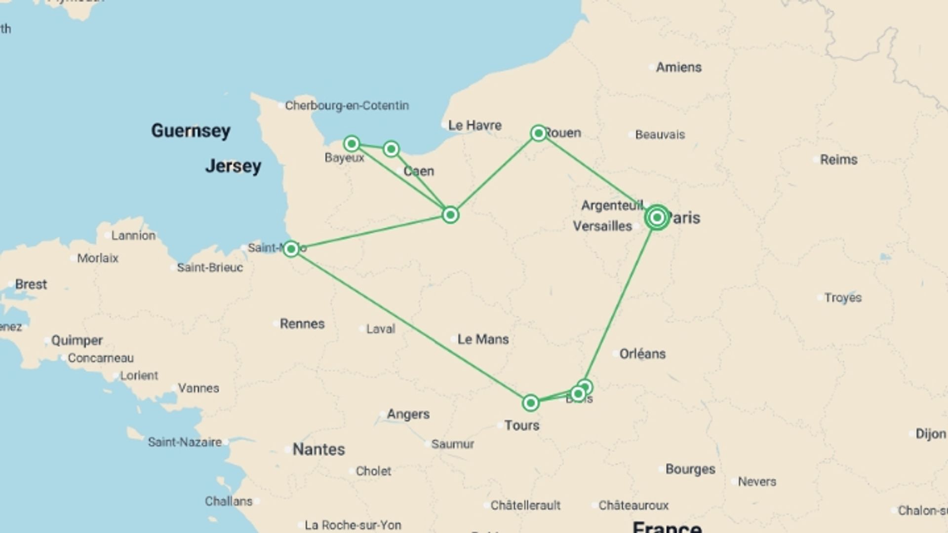 A map showing the tour itinerary for the trip: Treasures of France Including Normandy, starting in Paris, France and ending in Paris, France going through 3 other destinations.