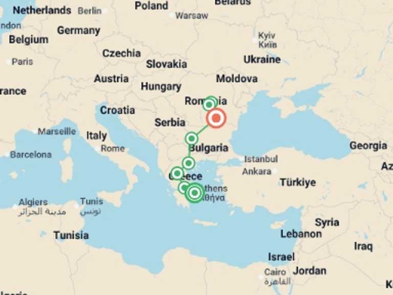Map itinerary of Sofia Tour in September 2026 with 5 destination visits for the trip: Greece to Romania - 9 days