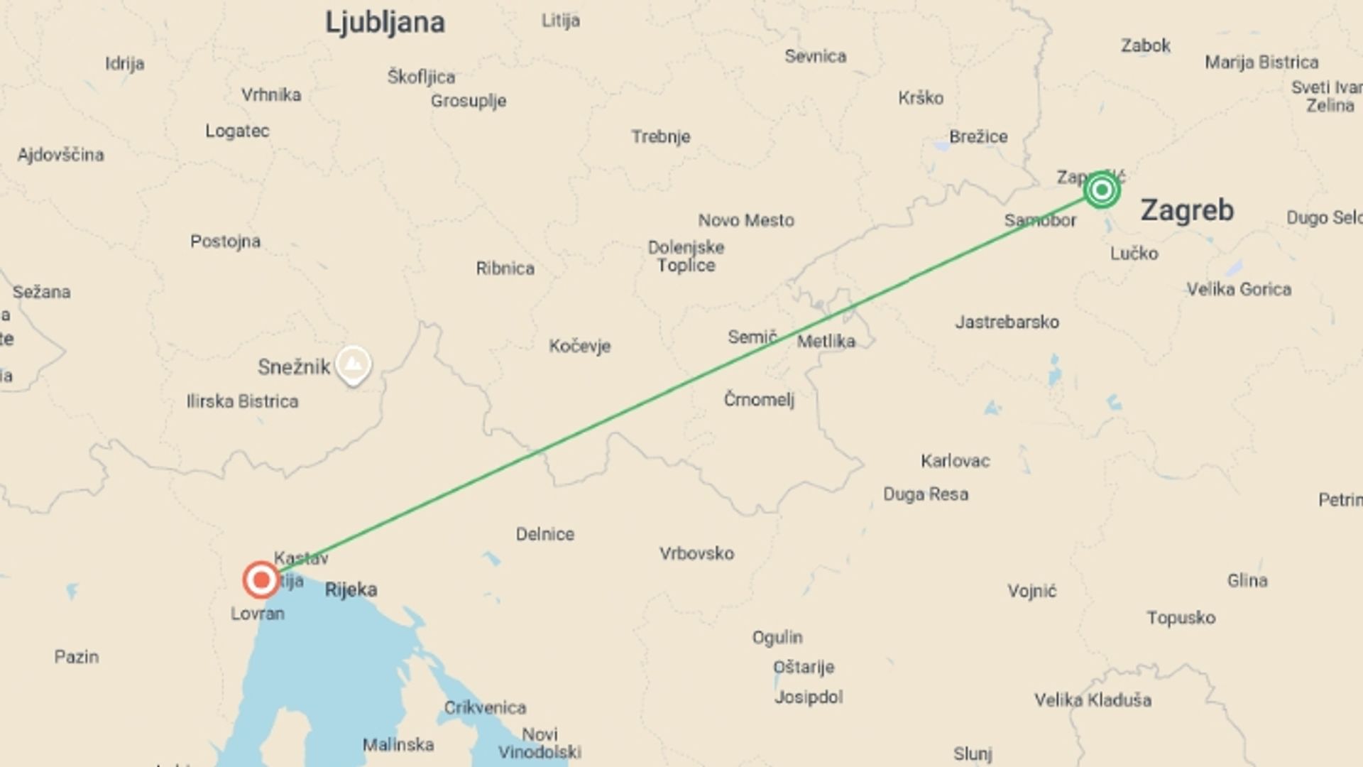 A map showing the tour itinerary for the trip: Zagreb to Opatija - 4 days, starting in Zagreb, Croatia and ending in Opatija, Croatia going through 0 other destinations.