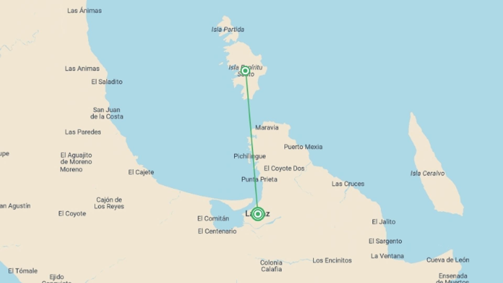 A map showing the tour itinerary for the trip: Baja Kayak Expedition 9D/8N (Fully Catered), starting in La Paz, Mexico and ending in La Paz, Mexico going through 1 other destinations.