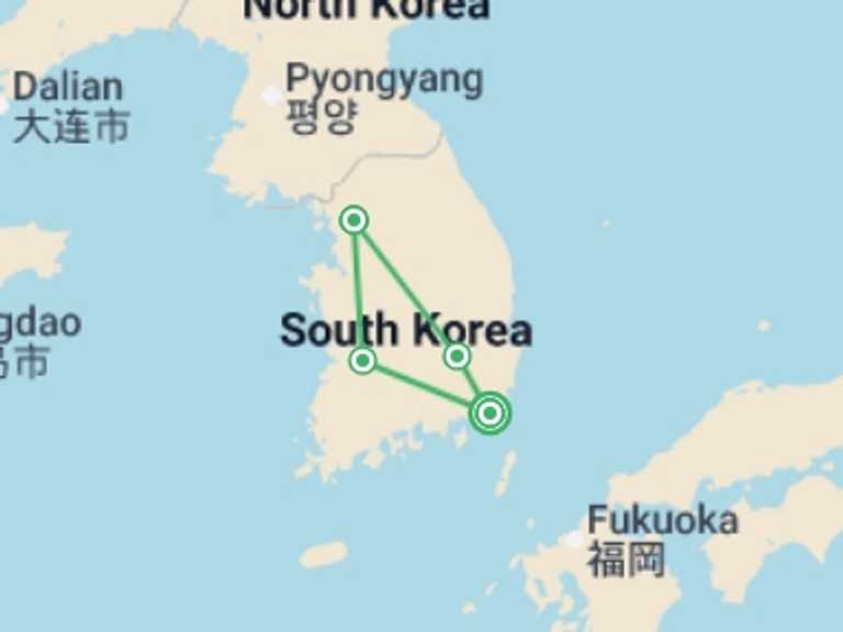 Map itinerary of South Korea Tour in March 2027 with 4 destination visits for the trip: Korean Cultural Odyssey Temples to Towers - 9 days