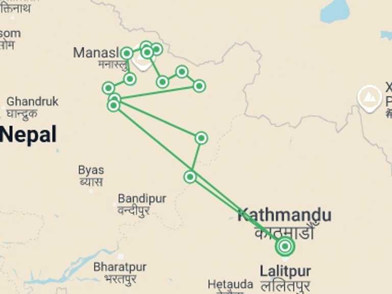 Map itinerary of Nepal Tour in Winter with 15 destination visits for the trip: Manaslu Circuit Trek
